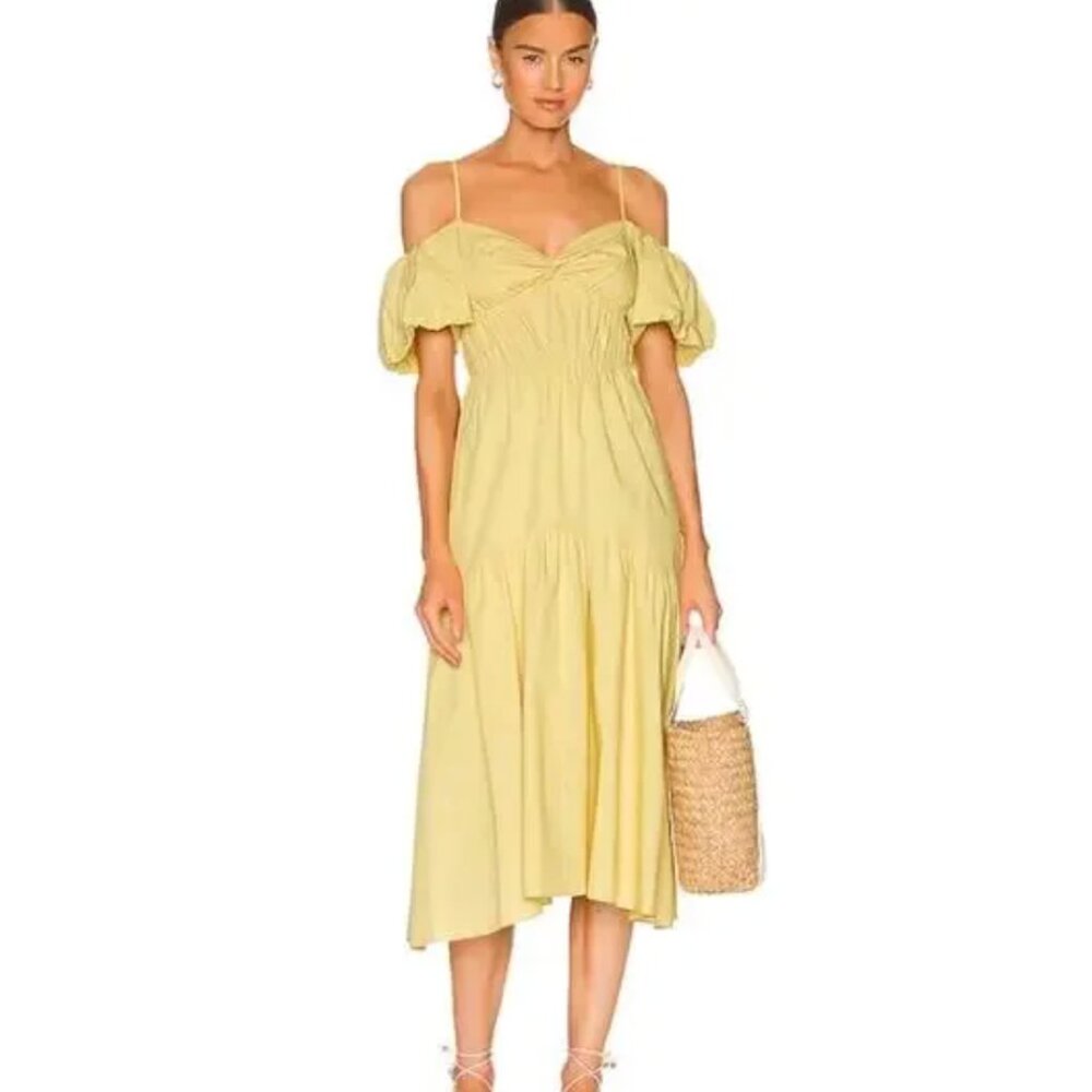 VINCE Draped Puff Sleeve Tiered Dress Off The Shoulder Midi Yellow Sz 6 NWOT